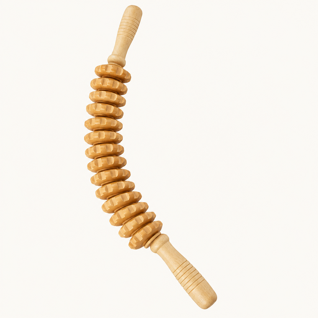 Curved wooden massage roller with two handles on a light background